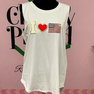 Judith March White Sleeveless Tank with Red Heart and American Flag Appliqué